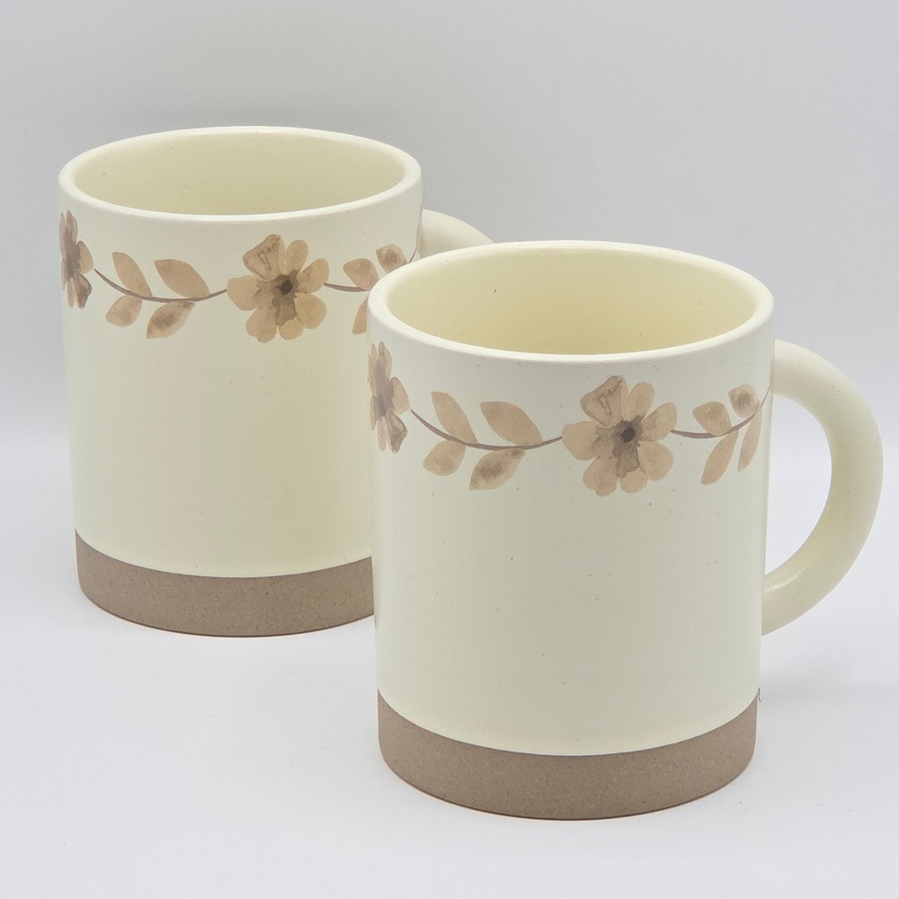 Tabletops Unlimited Sarah Ceramic Coffee Mug 16oz Set of 2 Cream Tan Boho Floral